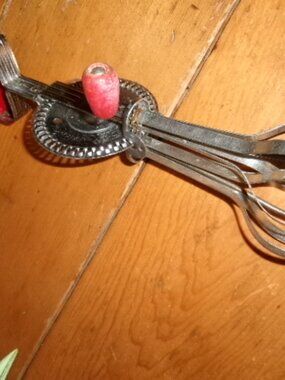 vtg minimalist hand mixer farm decor stainless  red wood handle